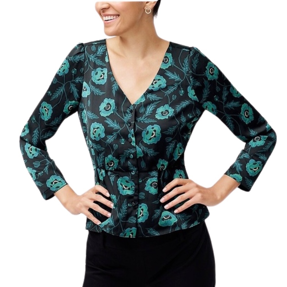 J Crew satin back crepe button front peplum blouse floral print women’s 4